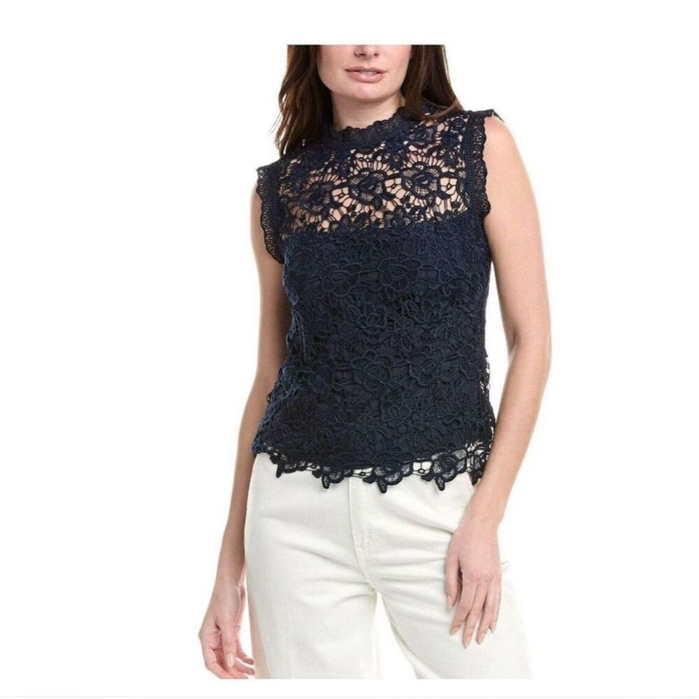 Nanette Lepore navy blue sleeveless mock-neck lace top exposed back zipper sz S